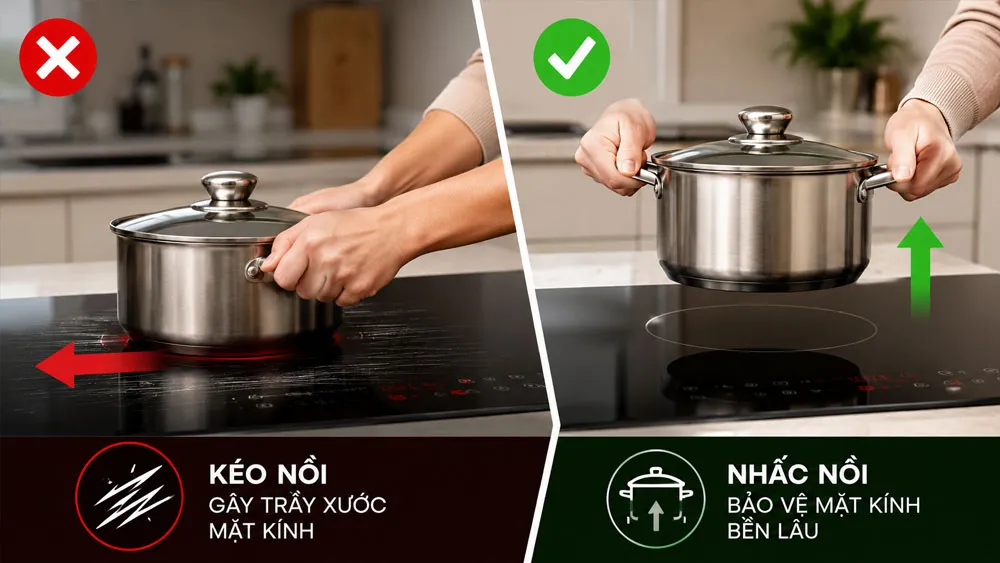 Cách nhấc nồi đúng cách để bảo vệ mặt kính bếp từ