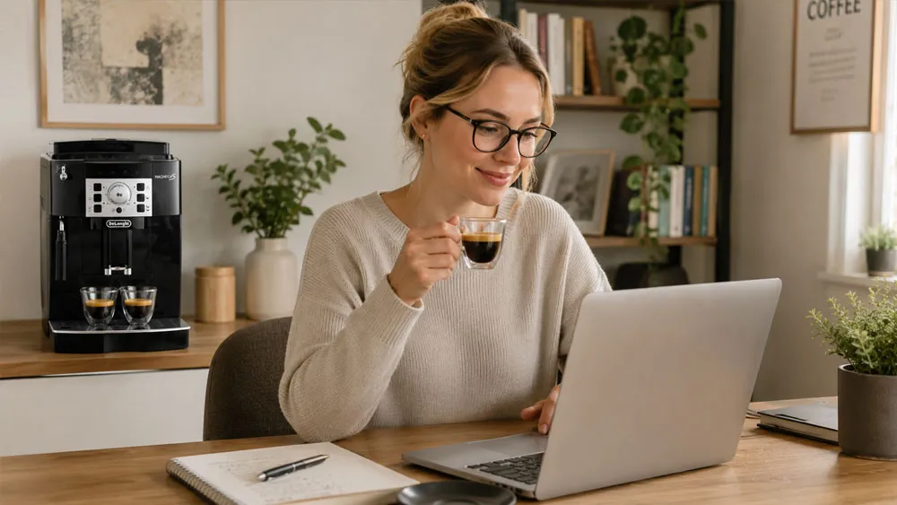 Người làm việc tại nhà sử dụng máy pha cà phê để pha espresso
