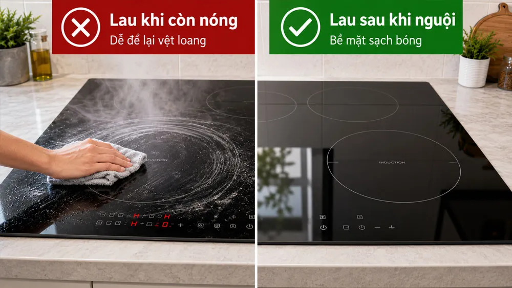 So sánh vệ sinh bếp từ khi còn nóng và sau khi mặt kính đã nguội