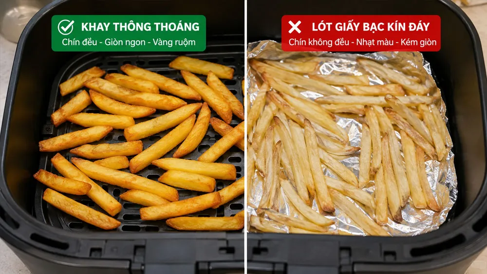 So sánh thực phẩm khi dùng giấy bạc đúng và sai trong nồi chiên