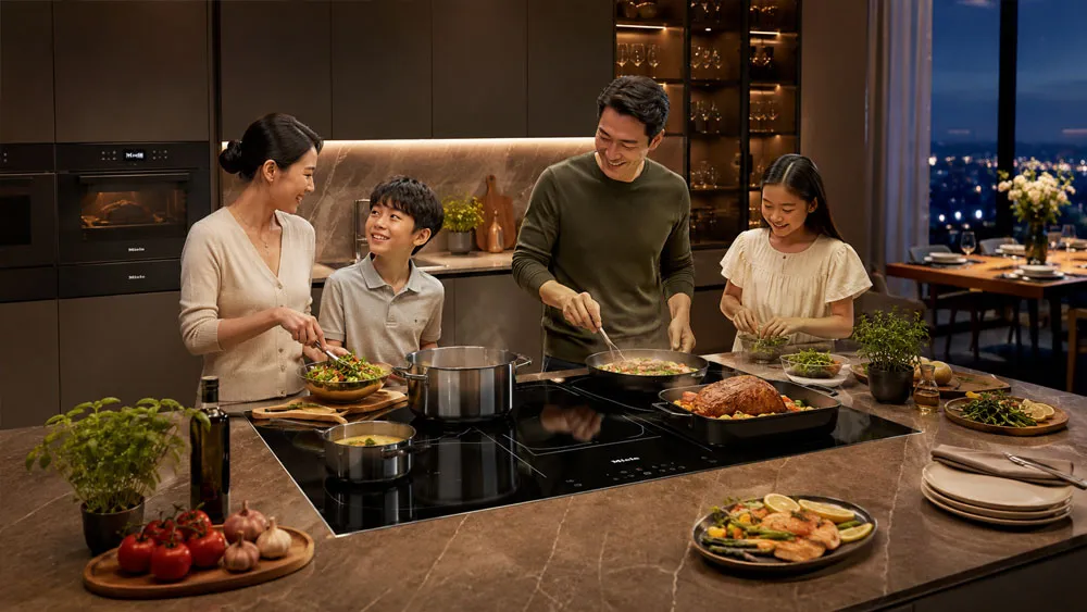Gia đình nấu ăn cùng bếp từ nhiều vùng nấu trong căn bếp sang trọng