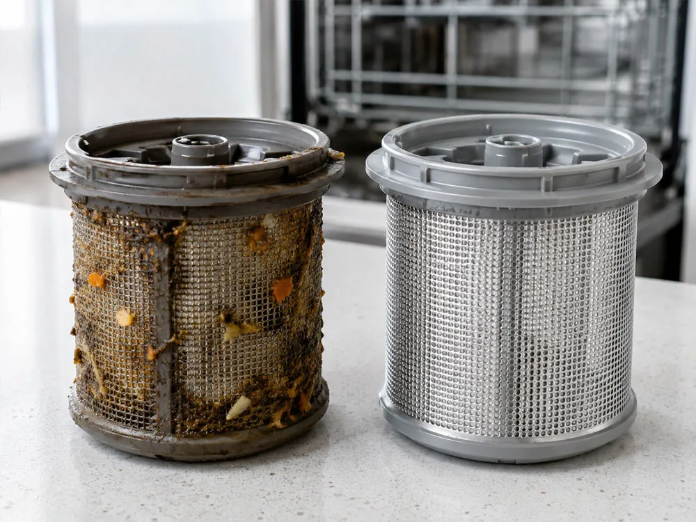Bộ lọc máy rửa bát bám cặn thức ăn cần vệ sinh