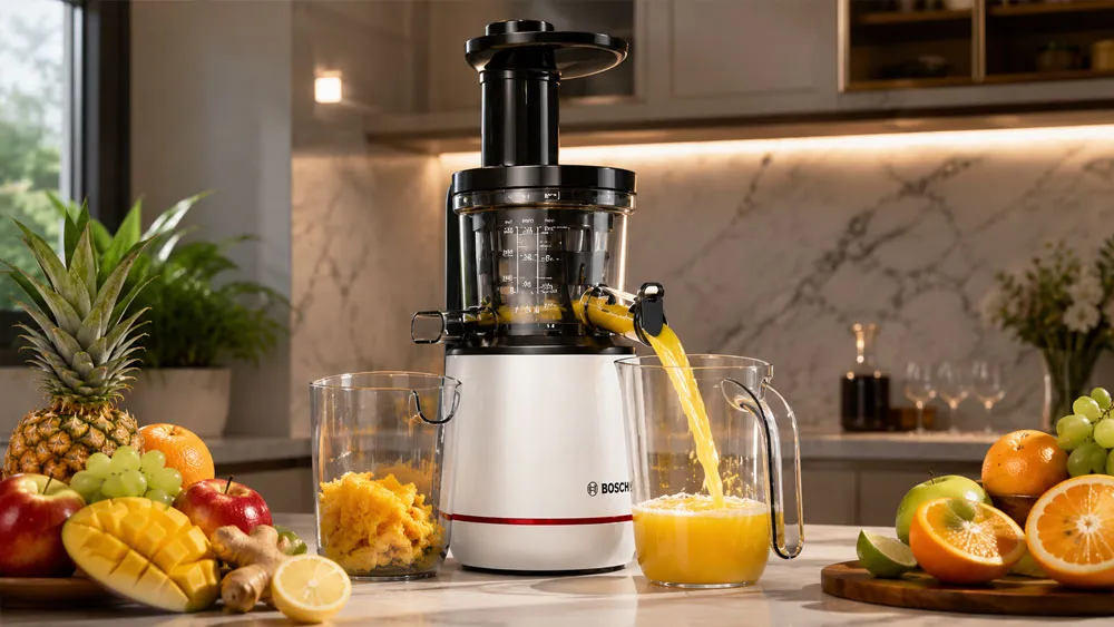 Máy ép chậm cao cấp đang ép trái cây tươi giữ trọn dưỡng chất