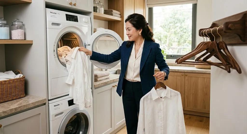 Người phụ nữ lấy quần áo khỏi máy sấy và treo lên móc giúp hạn chế nhăn