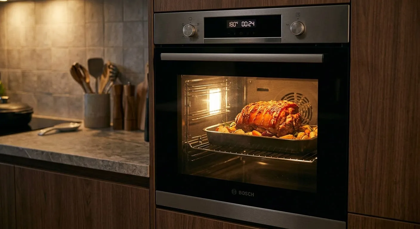 lò nướng âm tủ đang nướng thực phẩm vàng đều hấp dẫn