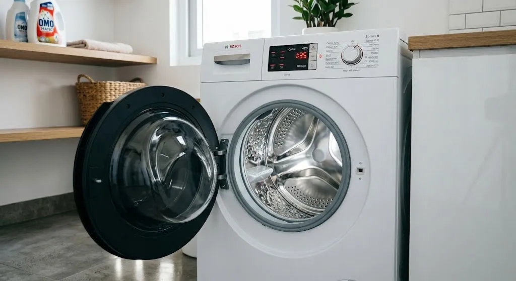 Máy giặt hiện đại với lồng giặt sáng bóng sạch sẽ