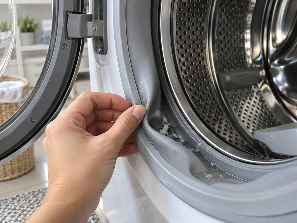 Nước và cặn bẩn đọng trong gioăng cao su khiến máy giặt dễ có mùi