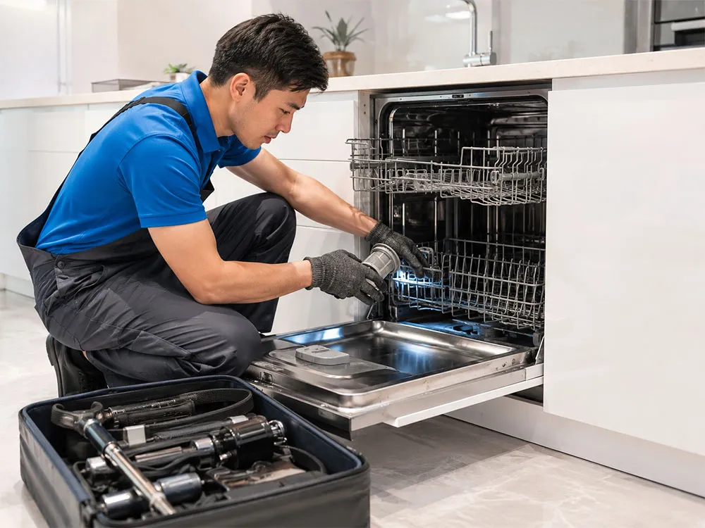 Kỹ thuật viên vệ sinh bộ lọc và kiểm tra đường thoát nước máy rửa bát