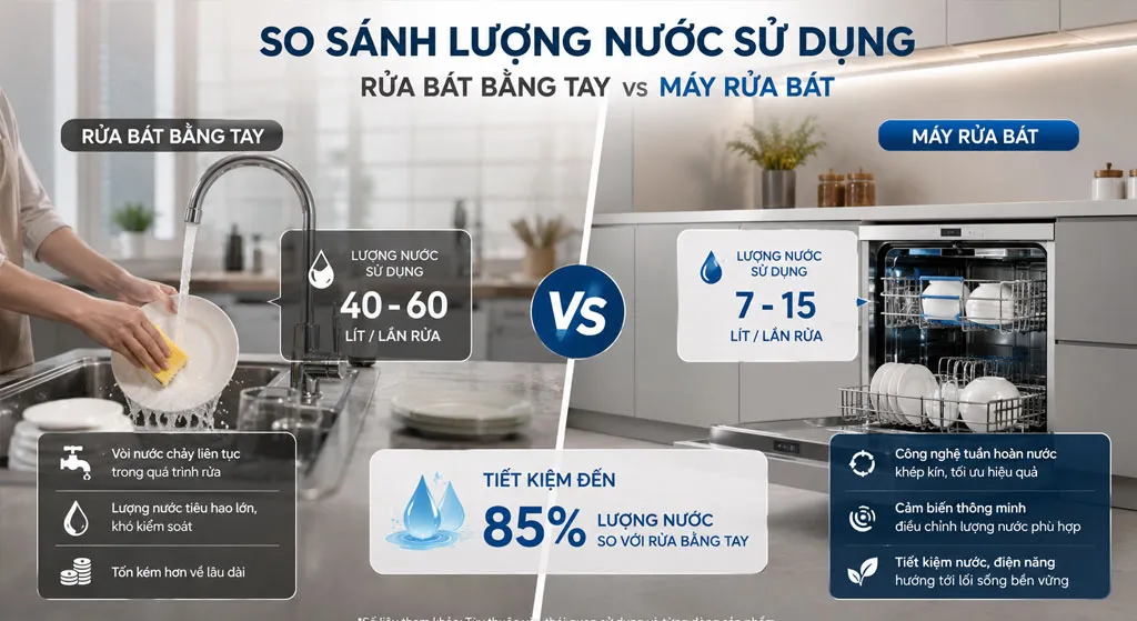 So sánh lượng nước sử dụng giữa rửa bát bằng tay và máy rửa bát trong căn bếp hiện đại
