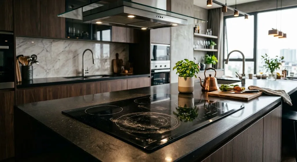 thiết bị bếp sang trọng bề mặt kính dễ bám vân tay