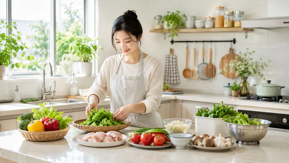 Người nội trợ chuẩn bị nguyên liệu gọn gàng trong căn bếp sáng thoáng