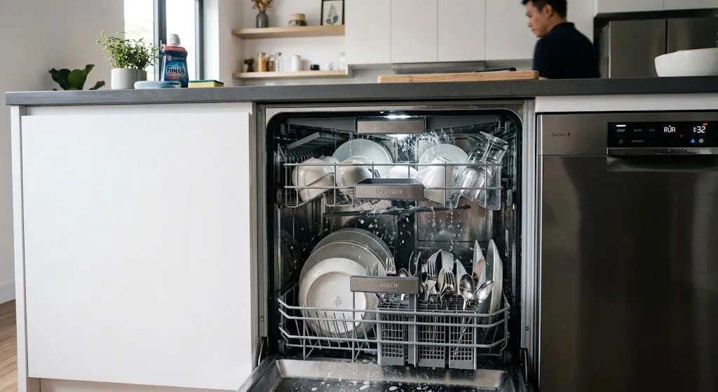 Máy rửa bát hoạt động với bát đĩa sắp xếp gọn gàng