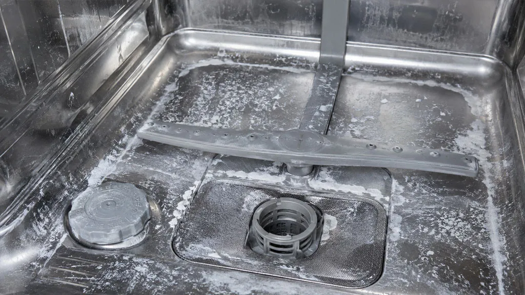 Khoang máy rửa bát bị đóng cặn trắng do sử dụng viên rửa không phù hợp