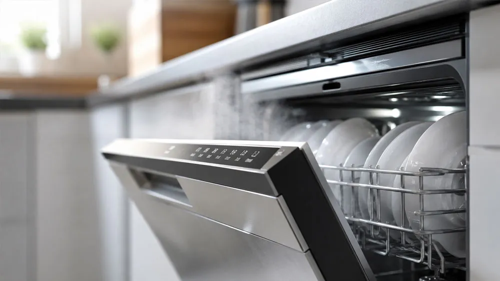 Máy rửa bát tự hé cửa sau khi hoàn thành chương trình