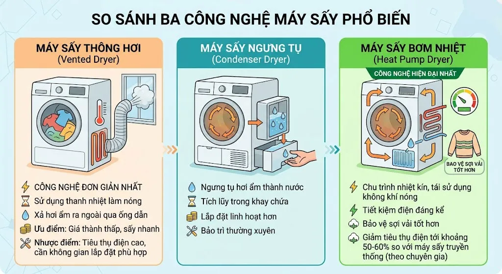 So sánh các công nghệ máy sấy quần áo