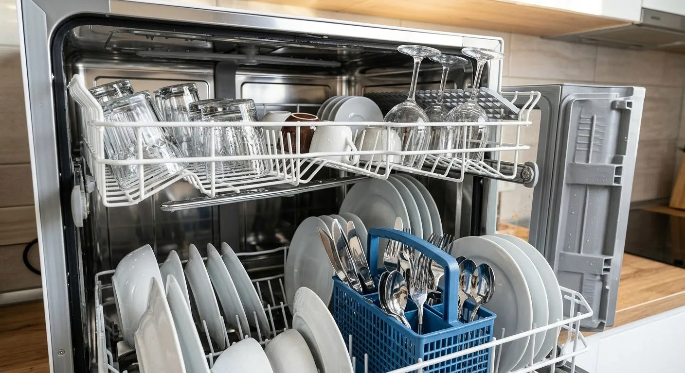 Khoang máy rửa bát mini với bát đĩa được sắp xếp gọn gàng