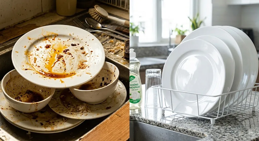 hiệu quả làm sạch của viên rửa bát không photphat với dầu mỡ và cặn thức ăn