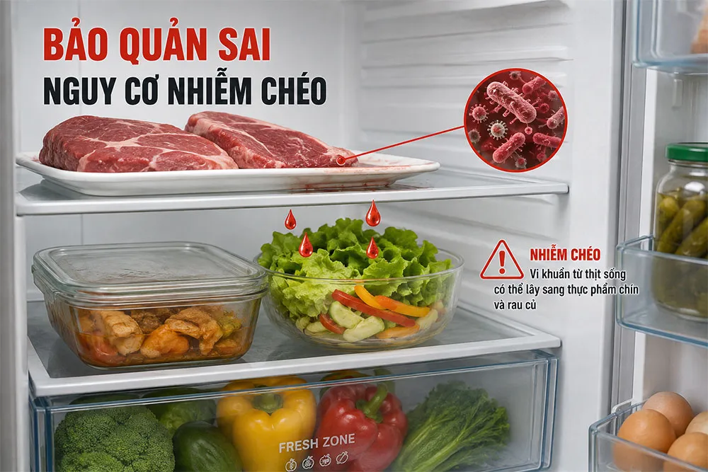 Thực phẩm sống đặt sai vị trí gây nhiễm chéo trong tủ lạnh