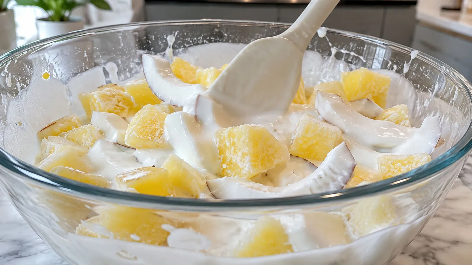 Trộn nguyên liệu làm kem trái cây Pina Colada với dứa đông lạnh và nước cốt dừa