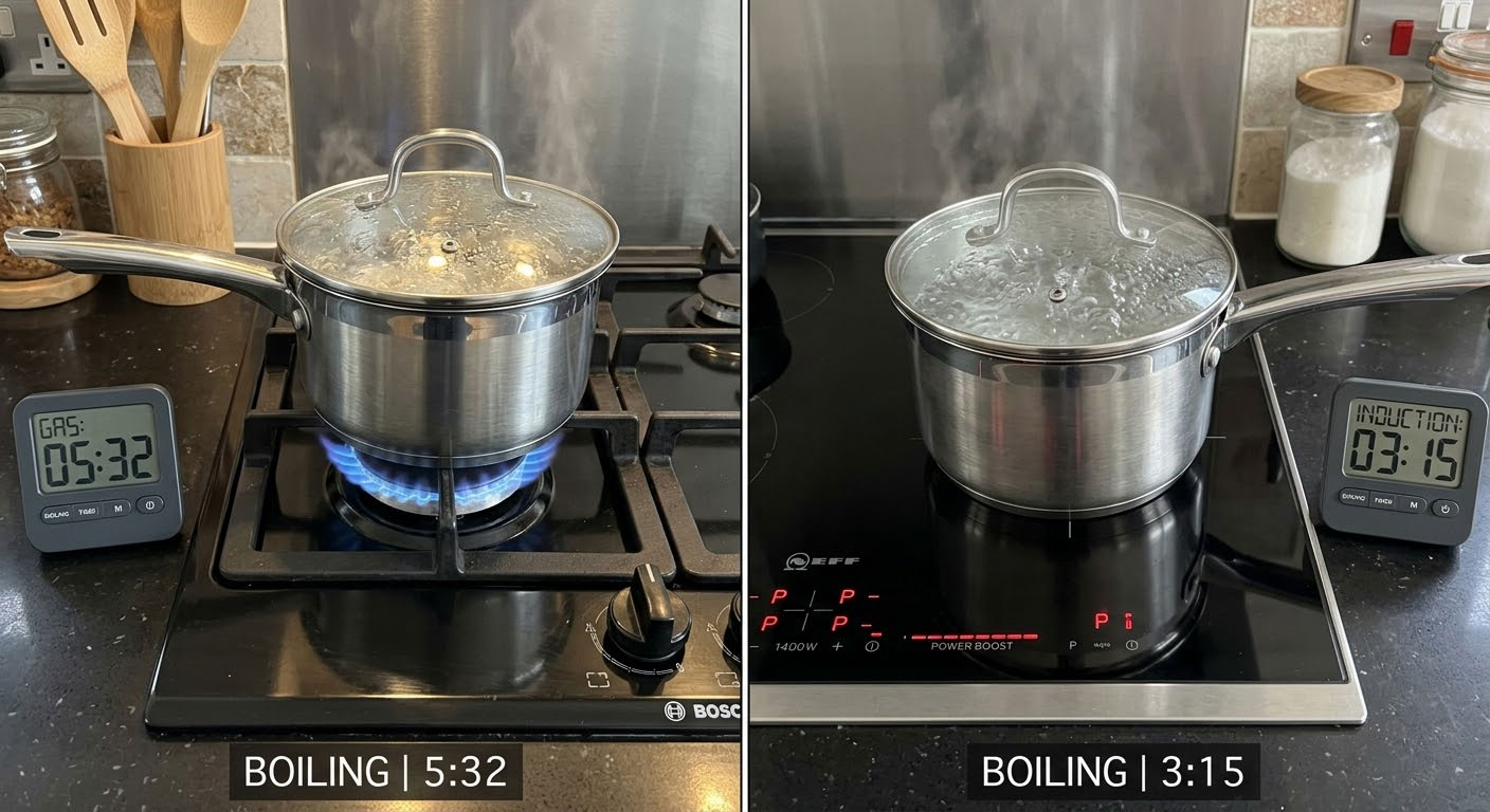 Hình ảnh so sánh thời gian đun sôi nước giữa bếp từ và bếp gas