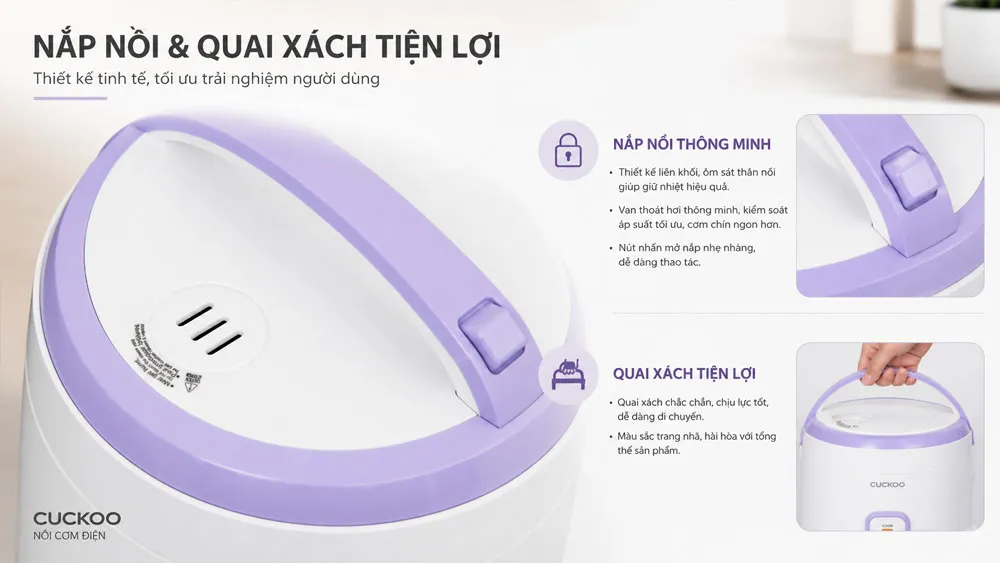 Chi tiết nắp nồi và quai xách của nồi cơm điện Cuckoo CR-0671