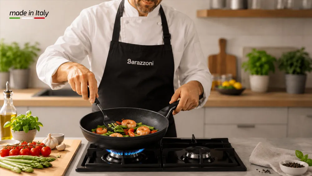 Đầu bếp chế biến món ăn với chảo chống dính Barazzoni cao cấp