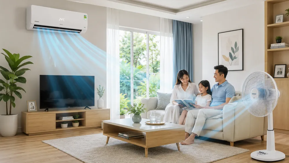 Điều hòa và quạt điện hoạt động trong không gian gia đình thoáng mát