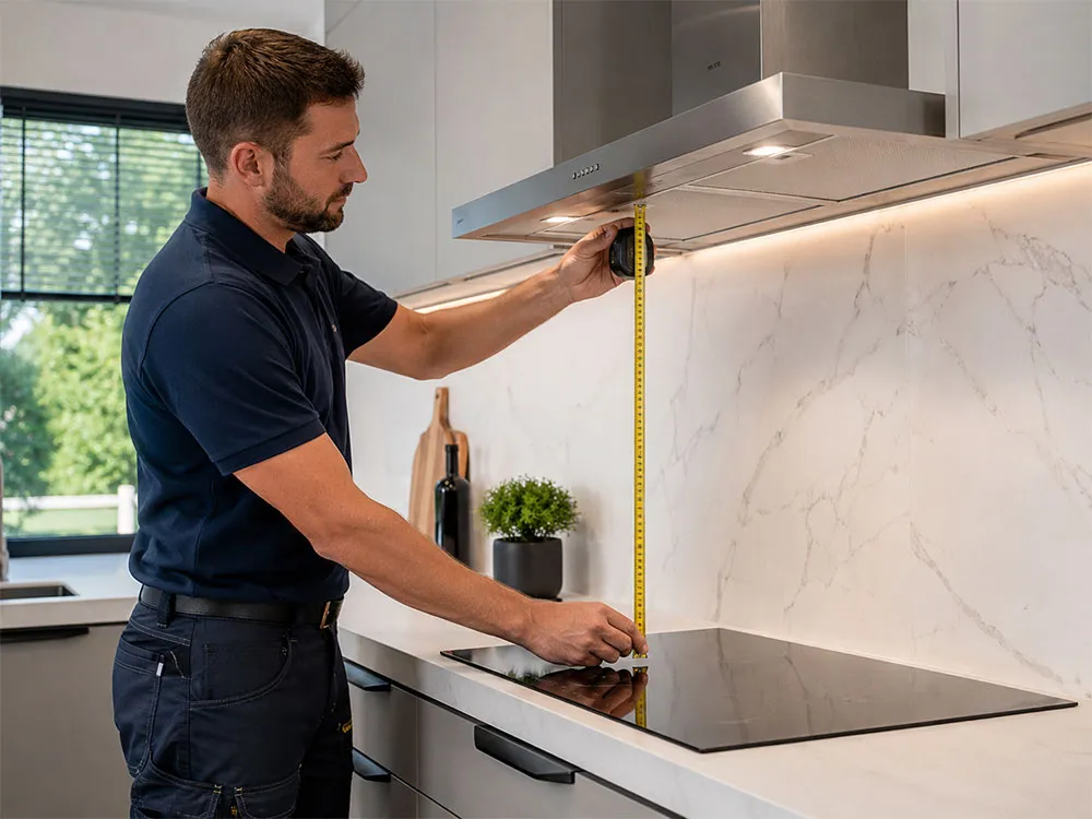 Kỹ thuật viên đo khoảng cách lắp đặt máy hút mùi với mặt bếp