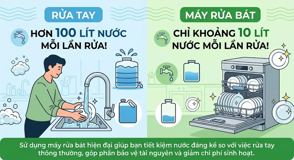 so sánh lượng nước giữa rửa tay và máy rửa bát