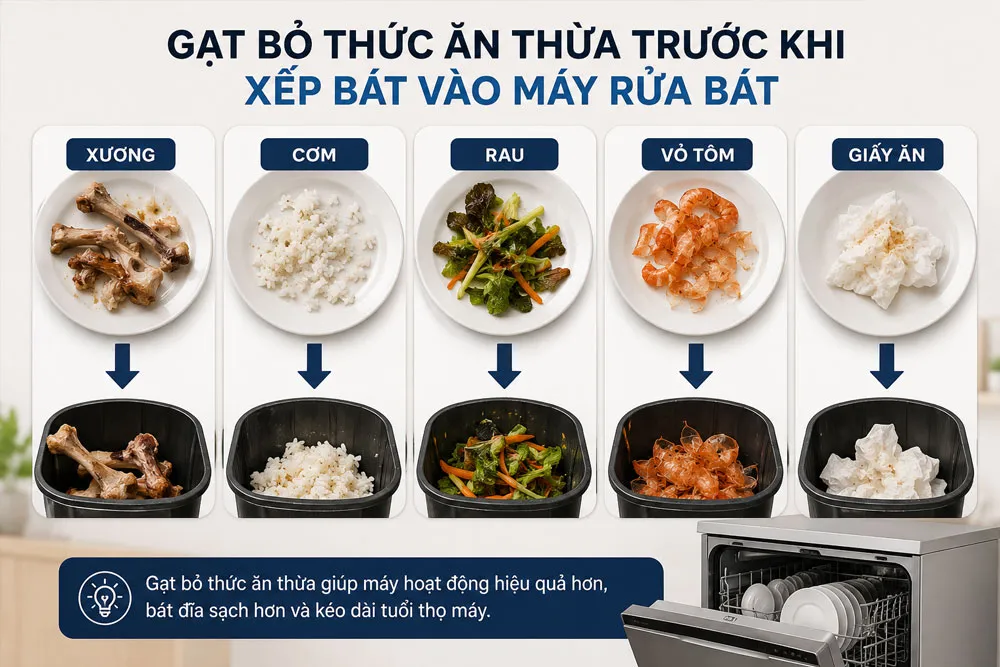 Thức ăn thừa cần loại bỏ trước khi sử dụng máy rửa bát