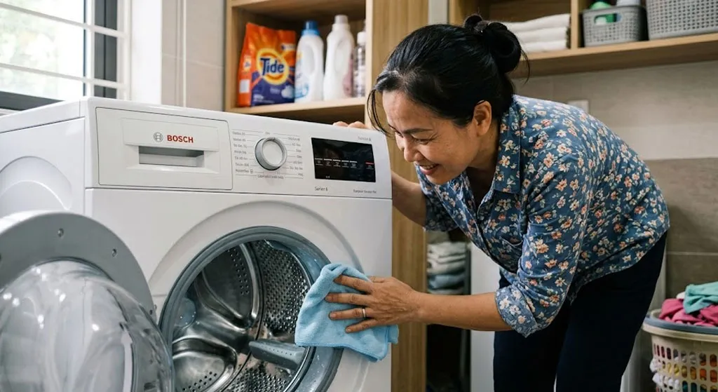 Người dùng vệ sinh lồng giặt sạch sẽ trong phòng giặt cao cấp