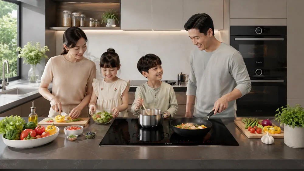 Gia đình sử dụng bếp từ châu Âu trong quá trình nấu ăn hàng ngày