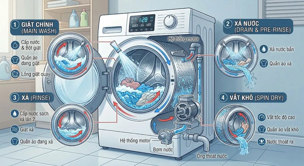 Chu trình giặt xả vắt bên trong máy giặt