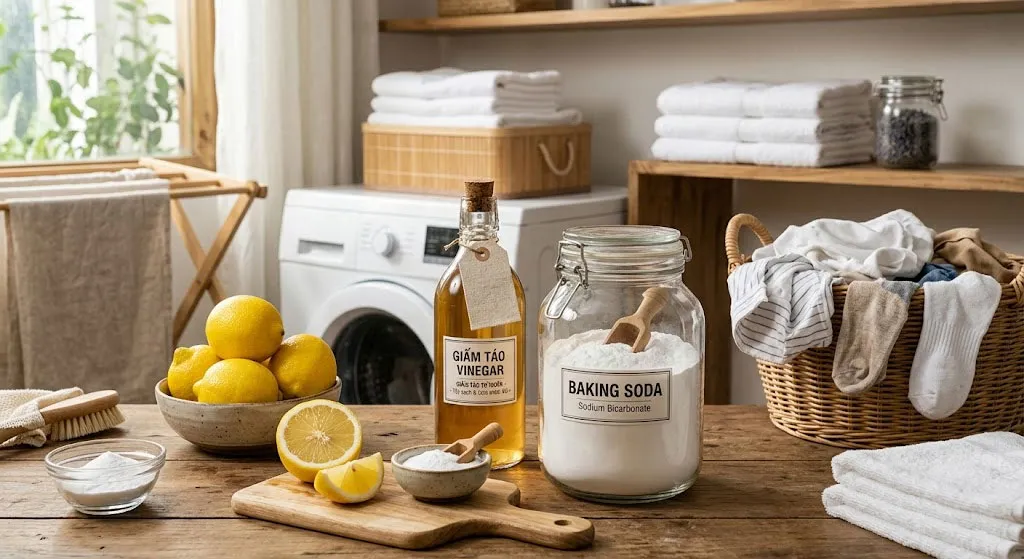 Nguyên liệu tự nhiên giấm chanh baking soda giặt đồ trắng