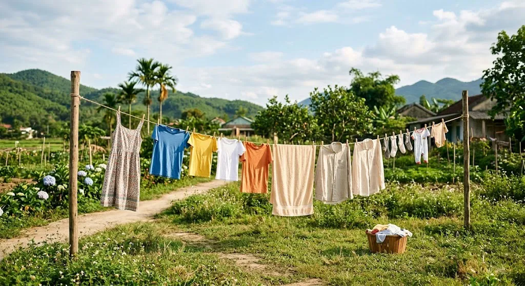 Quần áo phơi dưới ánh nắng nhẹ trong không gian thoáng đãng