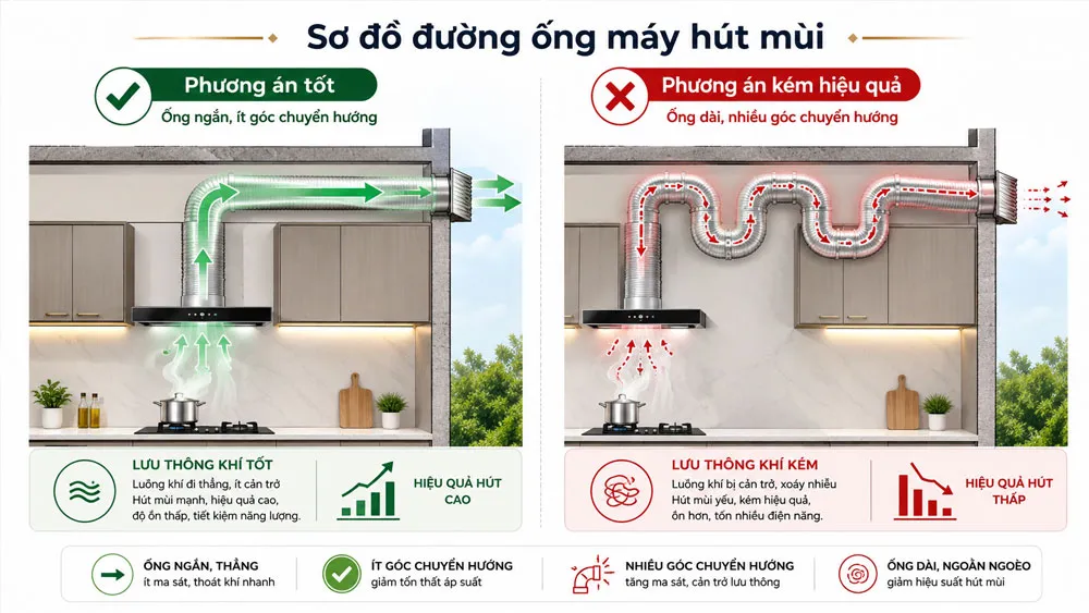 Đường ống thoát khí máy hút mùi ngắn giúp hạn chế tổn thất công suất