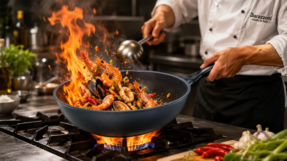 Đầu bếp xào hải sản trên chảo wok Barazzoni truyền nhiệt đều