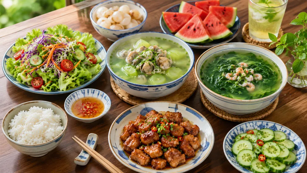 Mâm cơm mùa hè với các món canh thanh mát và salad tươi xanh
