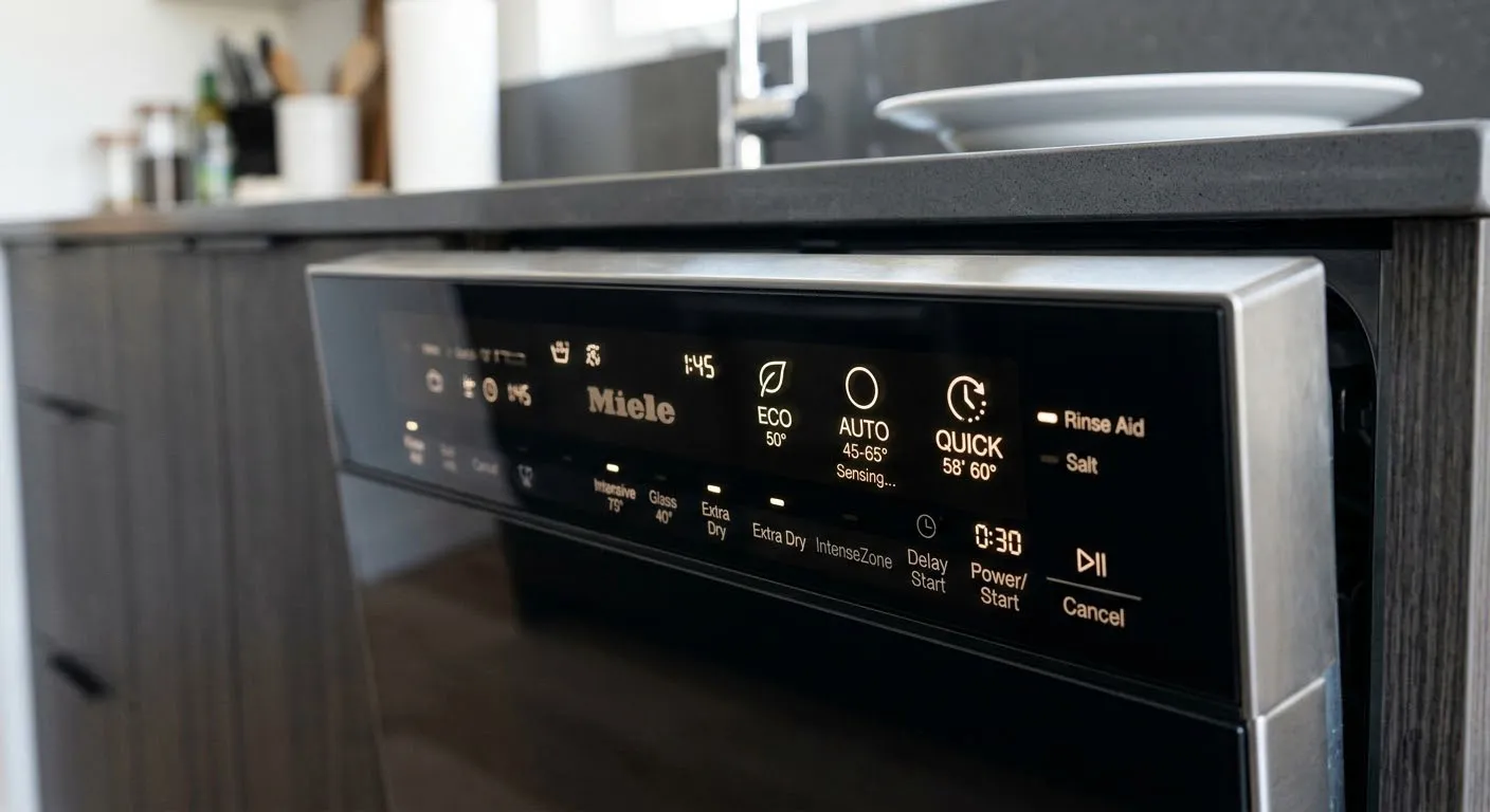 Bảng điều khiển máy rửa bát hiển thị chế độ tiết kiệm năng lượng