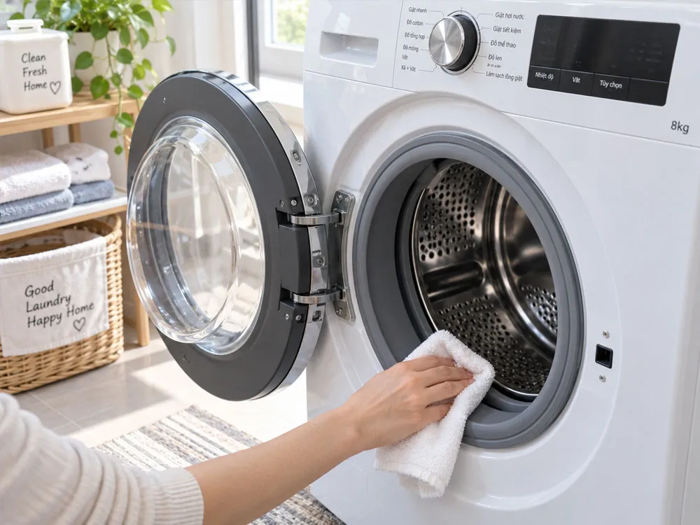 Lau gioăng và để cửa máy giặt hé mở sau khi giặt giúp lồng giặt thông thoáng