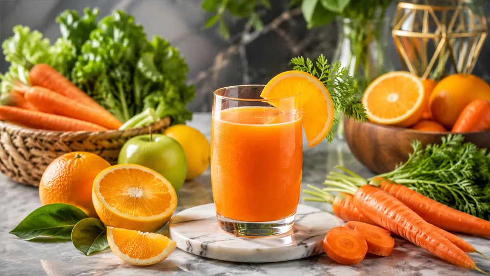 Ly nước ép trái cây giàu vitamin từ cam và cà rốt cho mùa hè