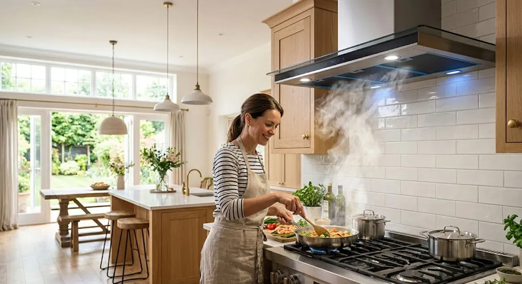 may hut mui trong khong gian bep sang trong