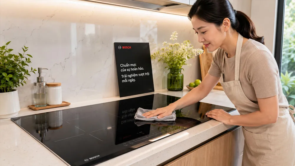 Vệ sinh mặt kính bếp từ sạch bóng sau khi nấu ăn
