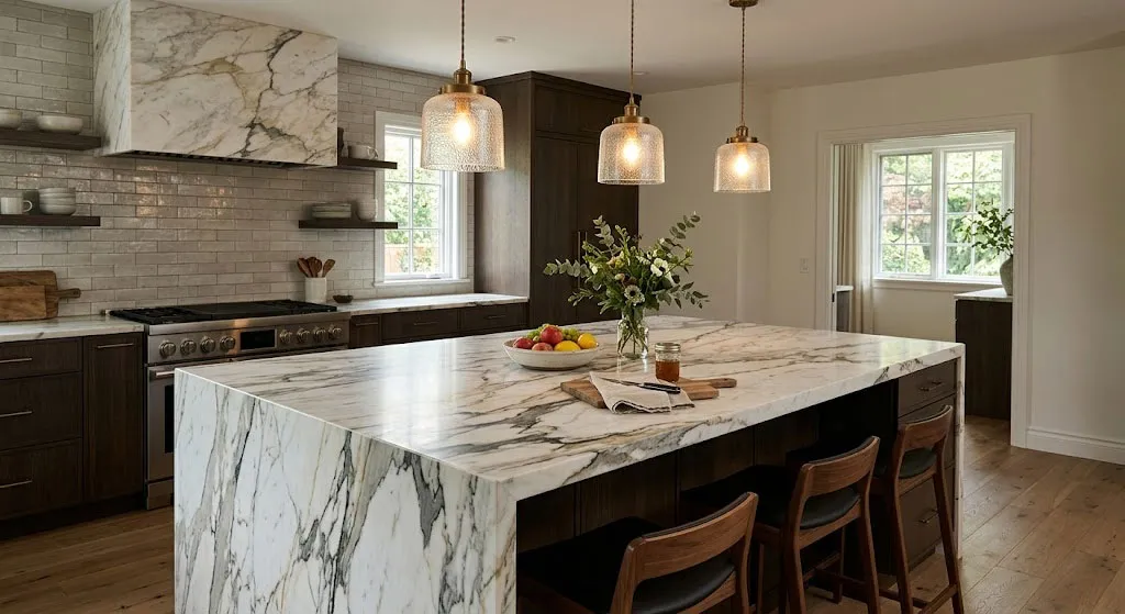 bàn đảo bếp sang trọng với mặt đá tự nhiên