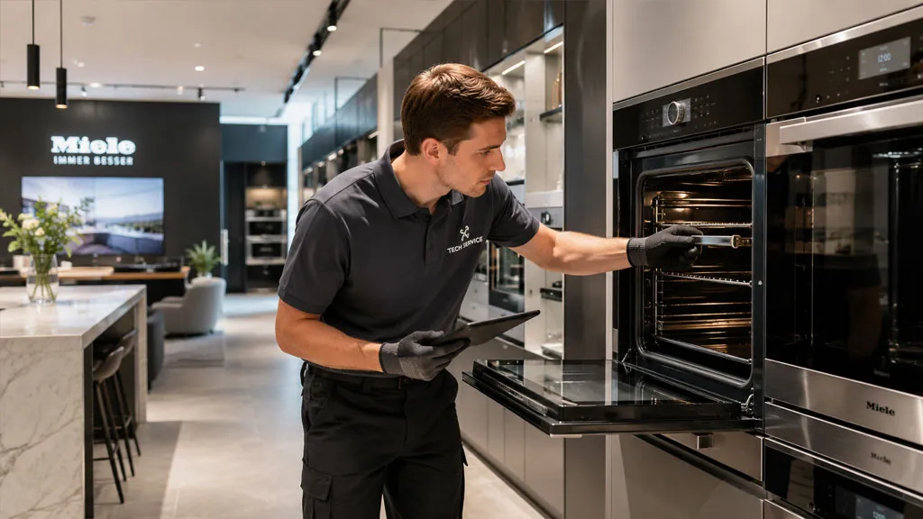 Kỹ thuật viên kiểm tra thiết bị gia dụng chính hãng tại showroom
