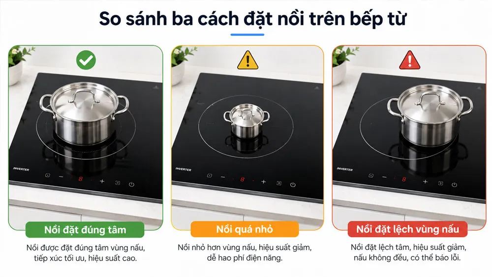 Đặt nồi đúng vị trí trên vùng nấu bếp từ