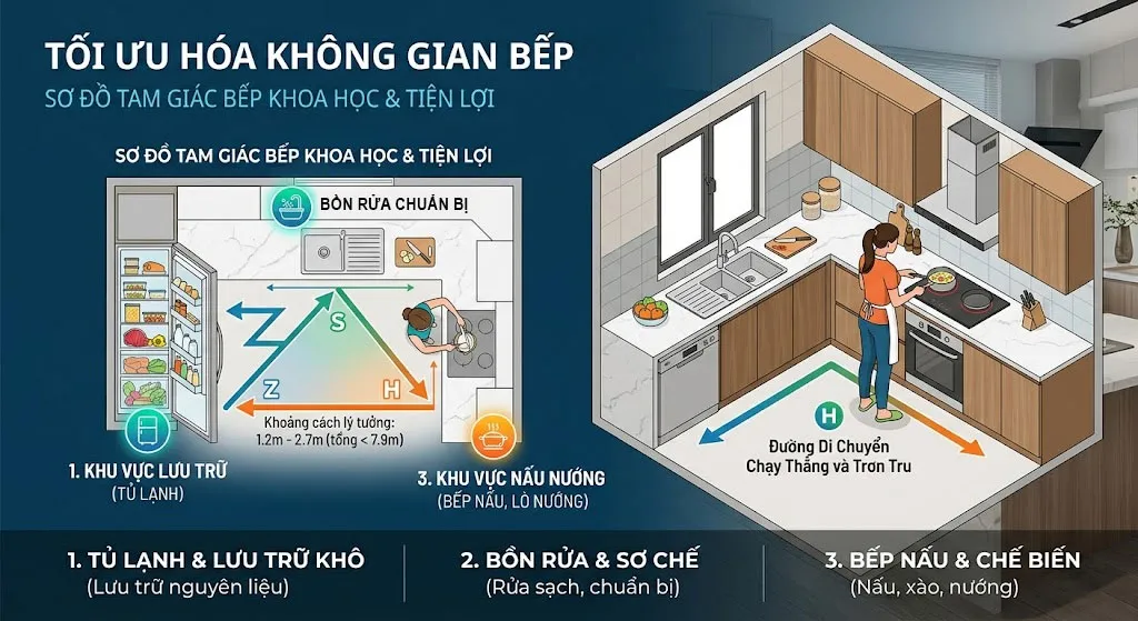 sơ đồ tam giác bếp bố trí khoa học tiện lợi