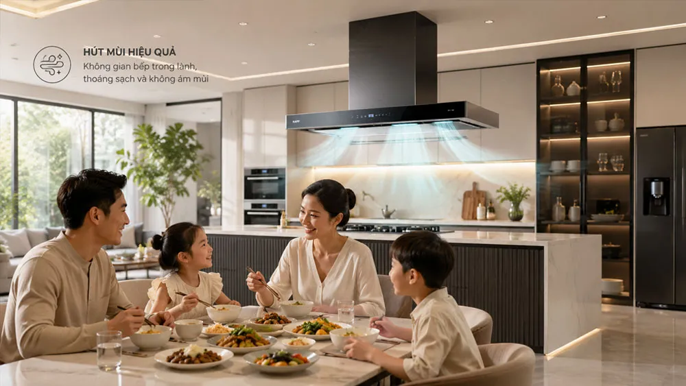 Gia đình tận hưởng không gian bếp sạch thoáng và không ám mùi