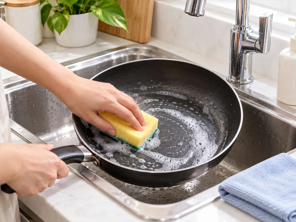 Vệ sinh chảo chống dính bằng miếng bọt biển mềm để bảo vệ lớp phủ.