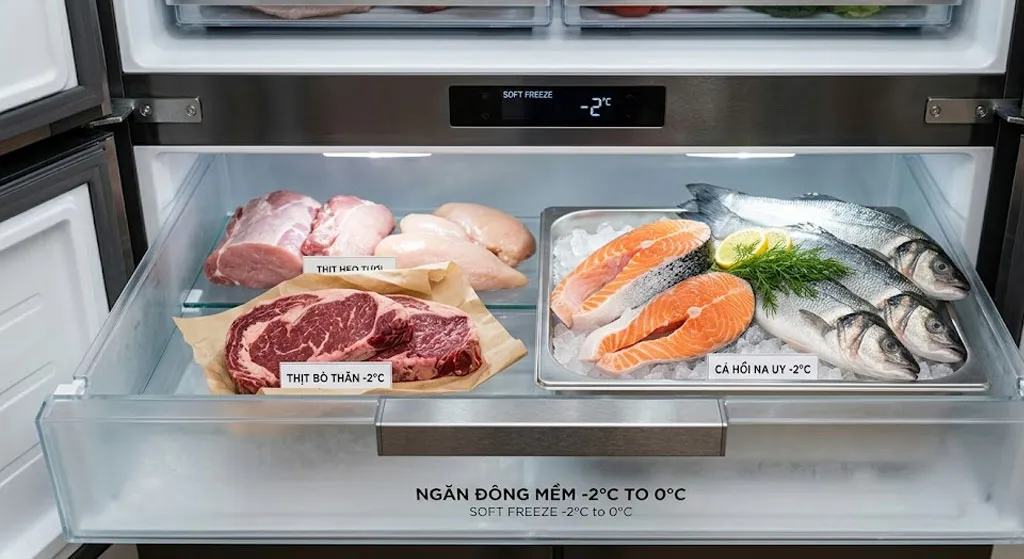 Ngăn đông mềm hiện đại bảo quản thịt cá tươi ngon